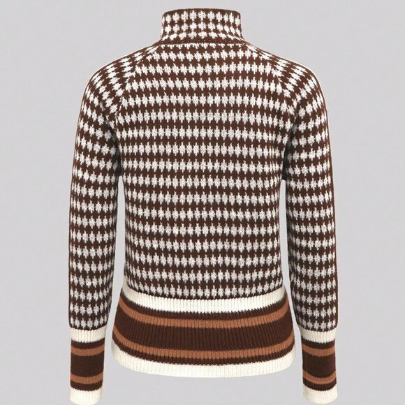 Multicolor Casual Women's Pattern Zippered Knitted Stand Collar Cardigan - Picture 2 of 3